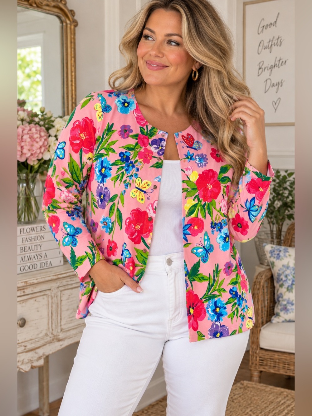 Quacker Factory Pink Floral Butterfly Snap Front Jacket